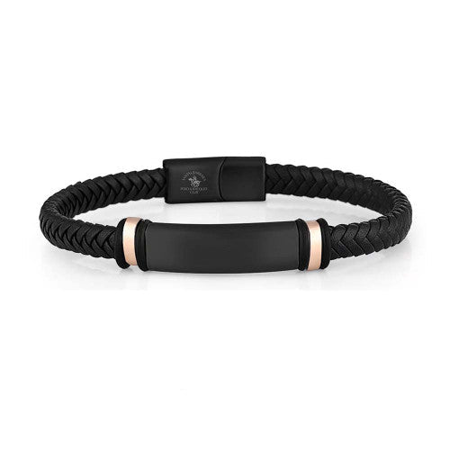 A black braided leather bracelet with a matte black ID slide and rose gold accents, displayed on a white background with the Santa Barbara Polo & Racquet Club logo below.