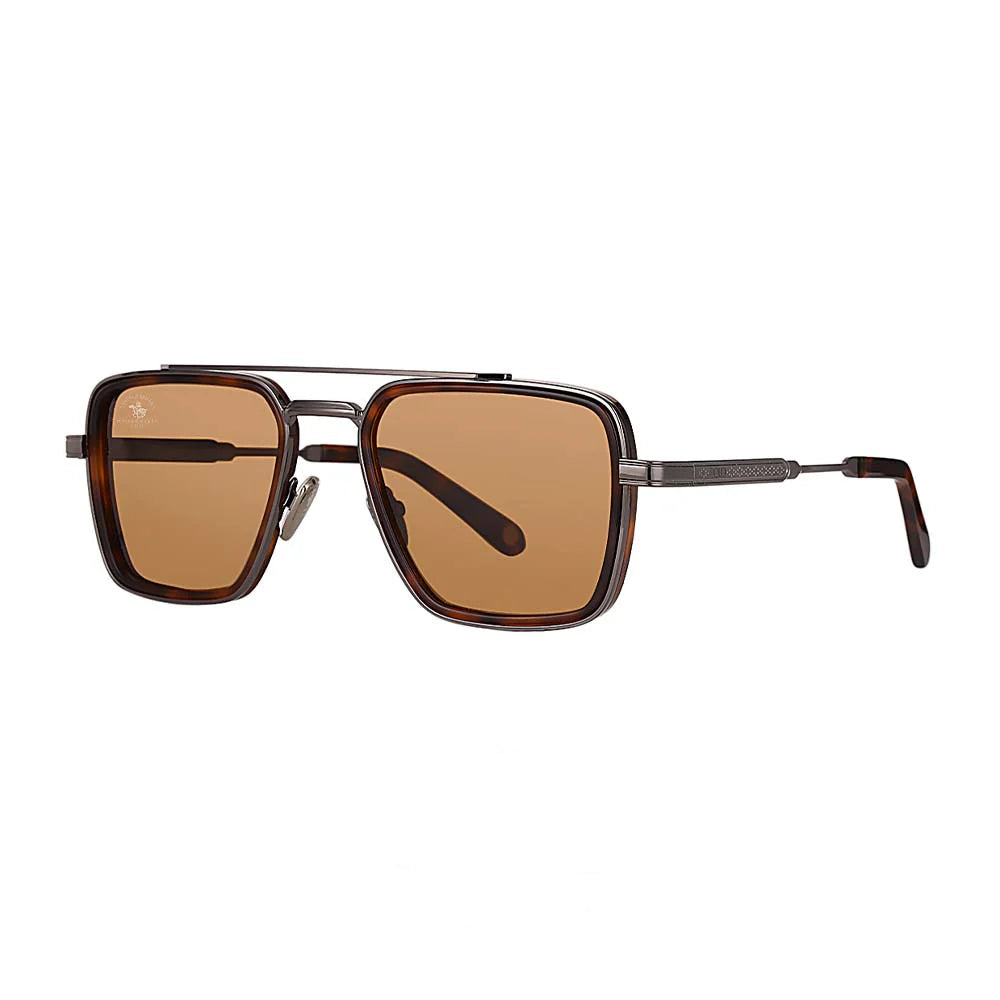 Sunglasses with brown lenses and dark frames on a white background, featuring the Santa Barbara Polo & Racquet Club logo.