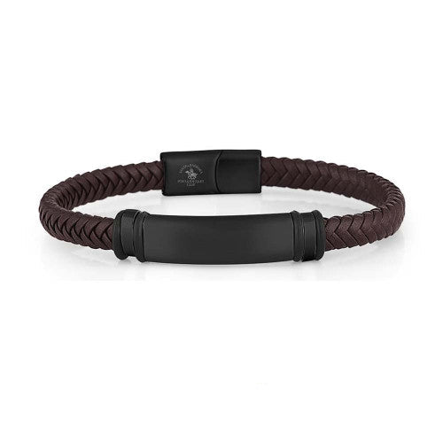 A dark brown braided leather bracelet with a matte black metal ID bar and a black magnetic clasp, shown on a white background with the Santa Barbara Polo & Racquet Club logo below.