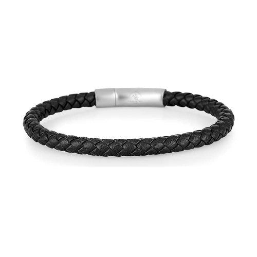 A black braided leather bracelet with a polished silver-toned metal clasp, displayed on a clean white background with the Santa Barbara Polo & Racquet Club logo printed below.