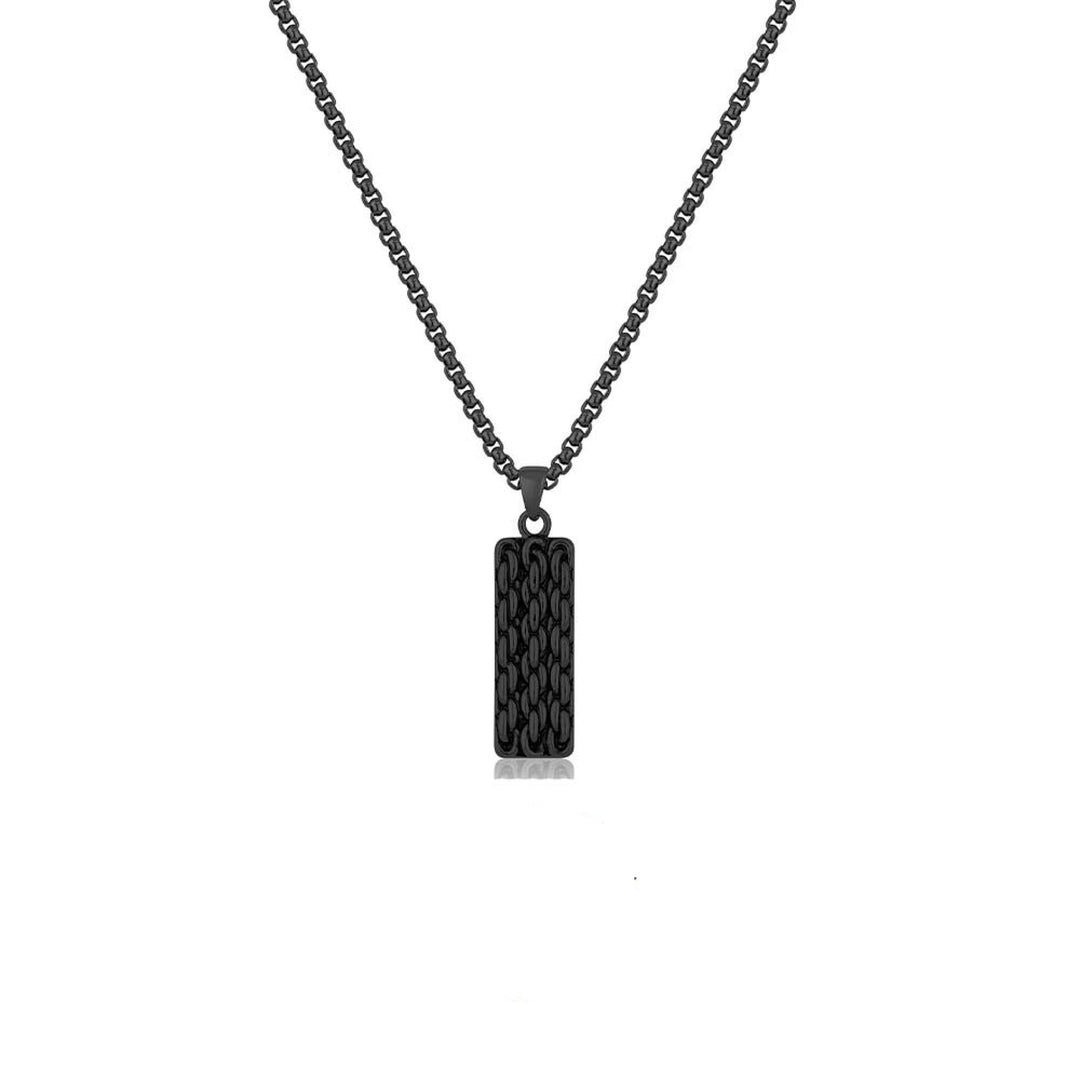 A black metal necklace with a rectangular pendant featuring a textured woven pattern, suspended from a black box chain. The brand logo 'Santa Barbara Polo & Racquet Club' is displayed below the necklace on a clean white background.