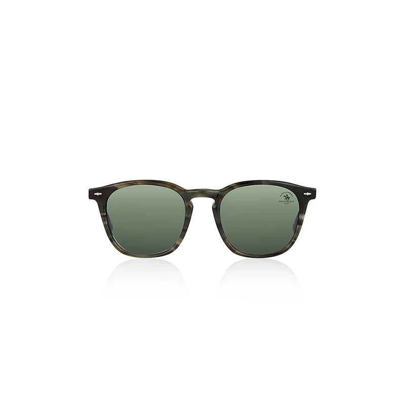 Santa Barbara Polo & Racquet Club sunglasses with a dark tortoiseshell frame and green lenses, shown on a white background with the brand logo in the top left corner.