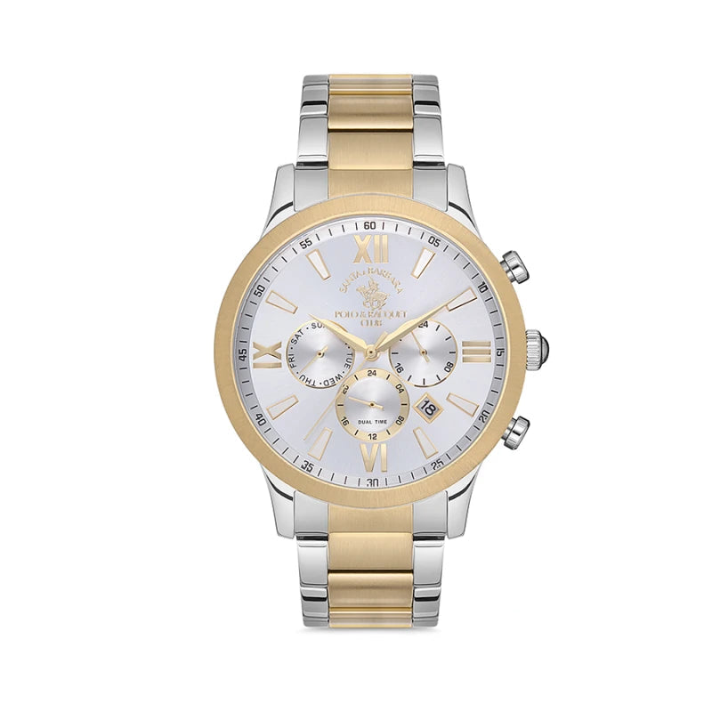 A Santa Barbara Polo & Racquet Club men's watch featuring a two-tone silver and gold stainless steel link bracelet, a gold-tone bezel, and a white dial with Roman numerals and three subdials.