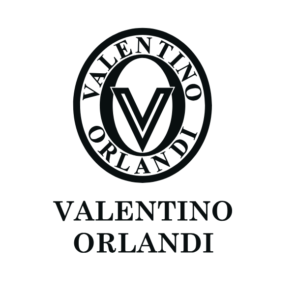 Valentino Orlandi logo in black on a white background, featuring a circular emblem with a stylized V and the brand name above and below.